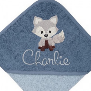 Kapuzenbadetuch Fuchs grau mit Name personalisiert Babyhandtuch Handtuch mit Kapuze Geschenk zur Geburt